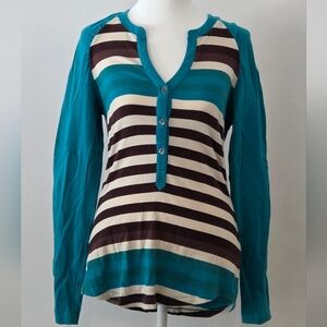 Lole Teal, Cream & Brown Striped Long Sleeve Henley
